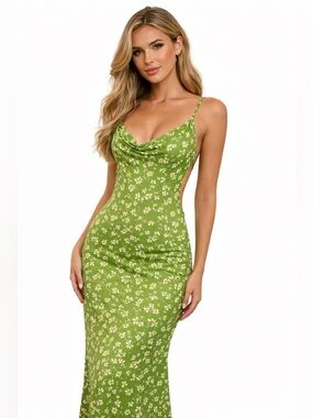 NWT KATCH ME Flattering Coquette Summer Green Floral Satin Cowl Neck Maxi Dress